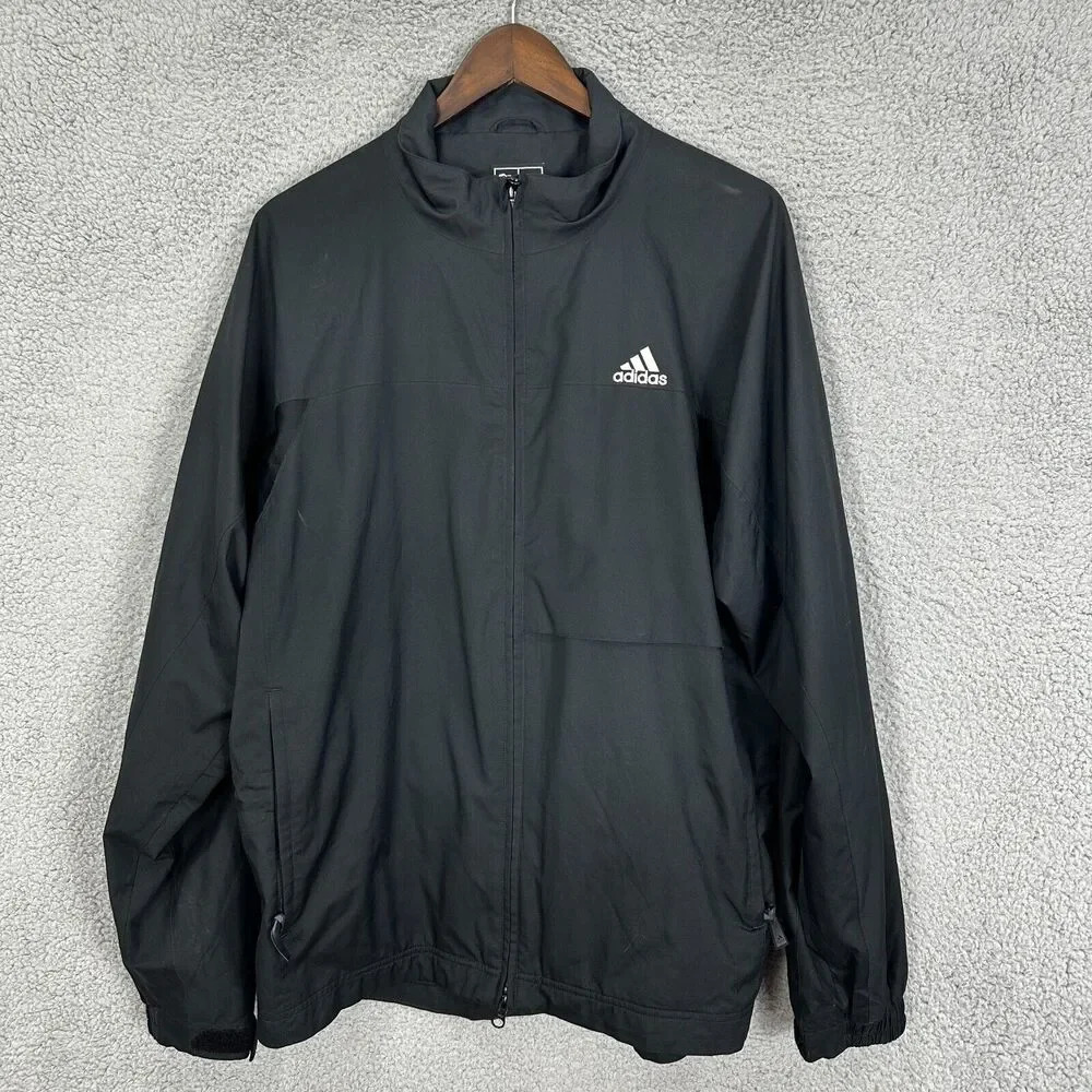 Adidas Track Jacket Mens Medium Black Windbreaker Logo High Neck Embroidered‎